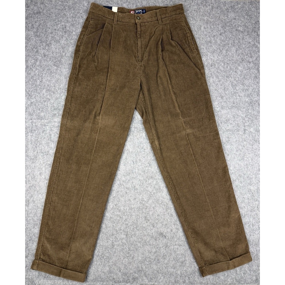 Chaps Ralph Lauren Pants Men 34x32 Brown Corduroy Pleated Baggy Cuffed Vintage
